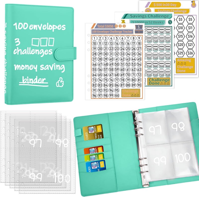 Antner 100 Envelopes Money Saving Challenge Binder, Savings Challenges Book with Envelopes & Challenge Trackers to Save $5,050 and $500 and $10,000, A5 Budget Binder Money Saving Book, Light Green - Image 1